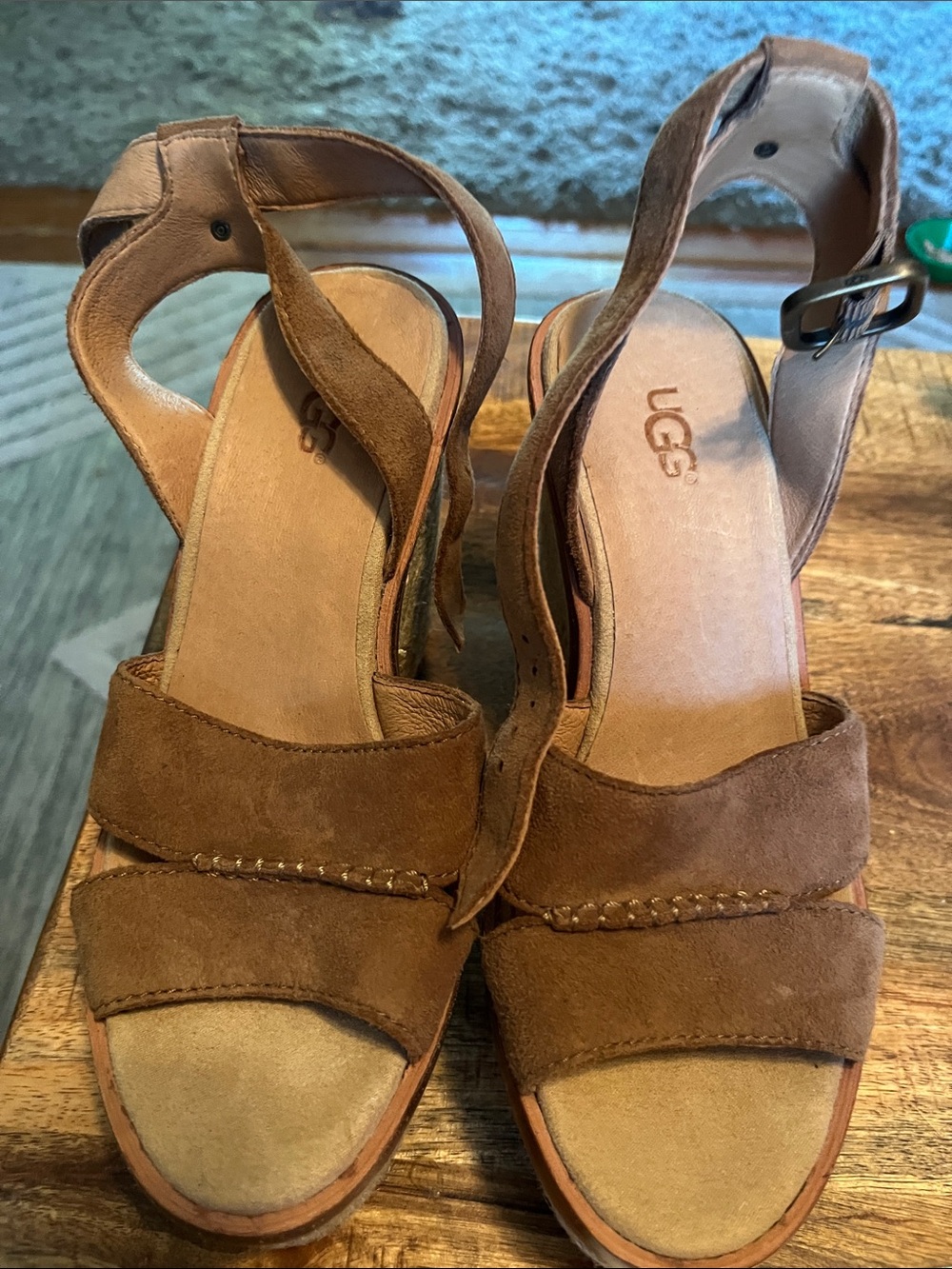 UGG Tan Suede Wedge Sandals with Ankle Strap